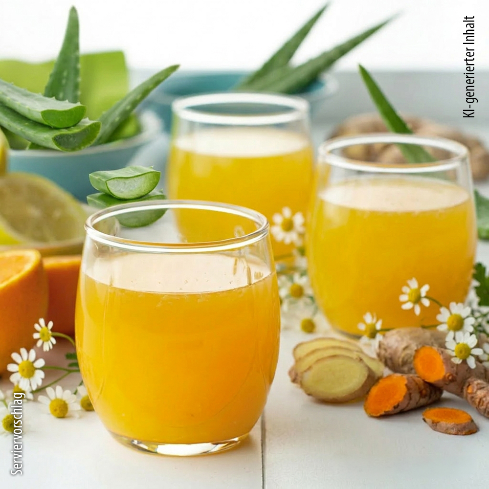 Drei mit gelbem Saft gefüllte Gläser auf einer weißen Fläche, umgeben von frischen Aloe-Vera-Blättern, Ingwerwurzel, Kurkumascheiben, Orangensegmenten und kleinen weißen Kamillenblüten als Serviervorschlag.