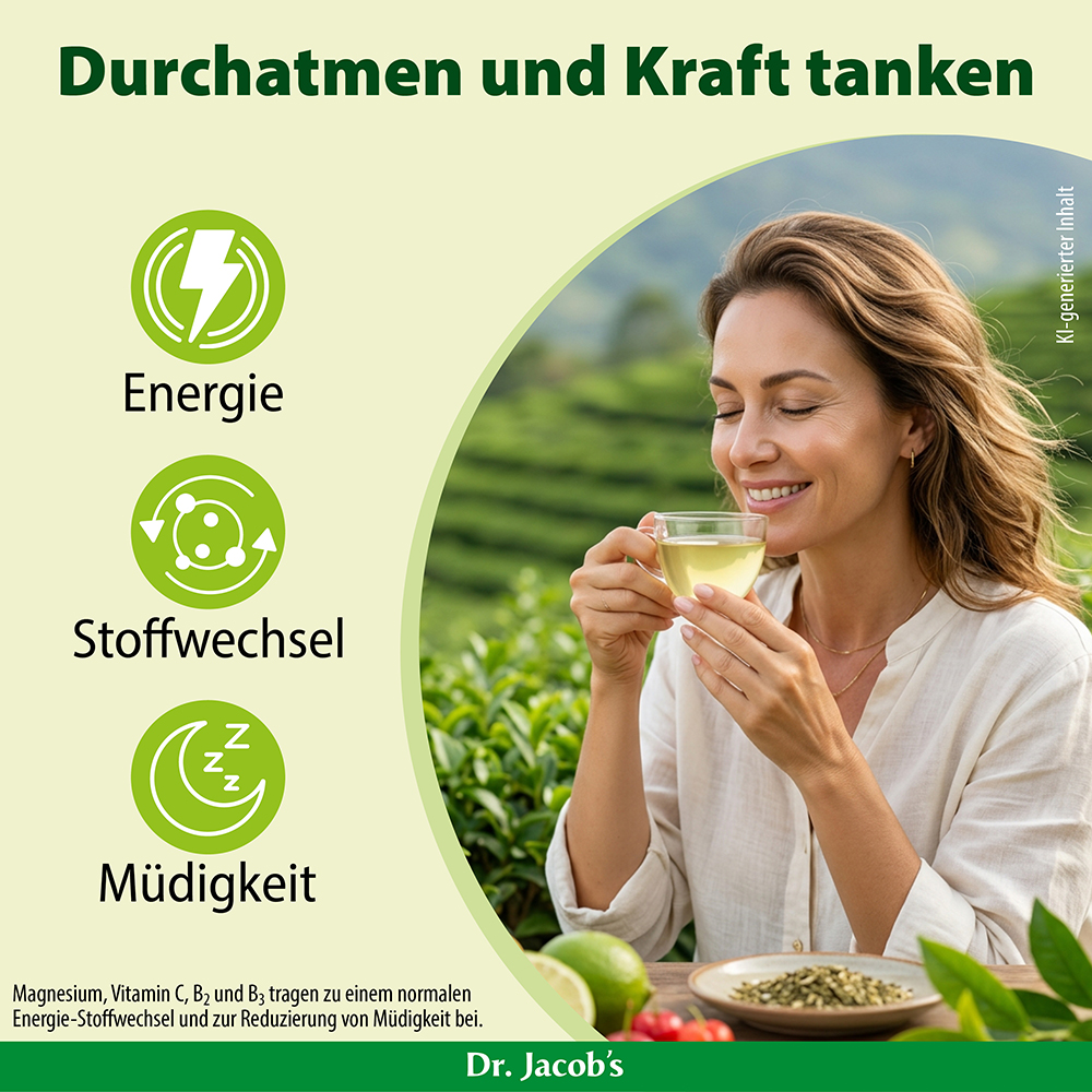Eine lächelnde Frau beim Teetrinken auf einer Grüntee-Plantage. Symbole stehen für Energie, Stoffwechsel und Müdigkeitsreduzierung. Im Text wird erwähnt, dass Magnesium, Vitamin C, B2 und B3 zu einem normalen Energiestoffwechsel und zur Verringerung 