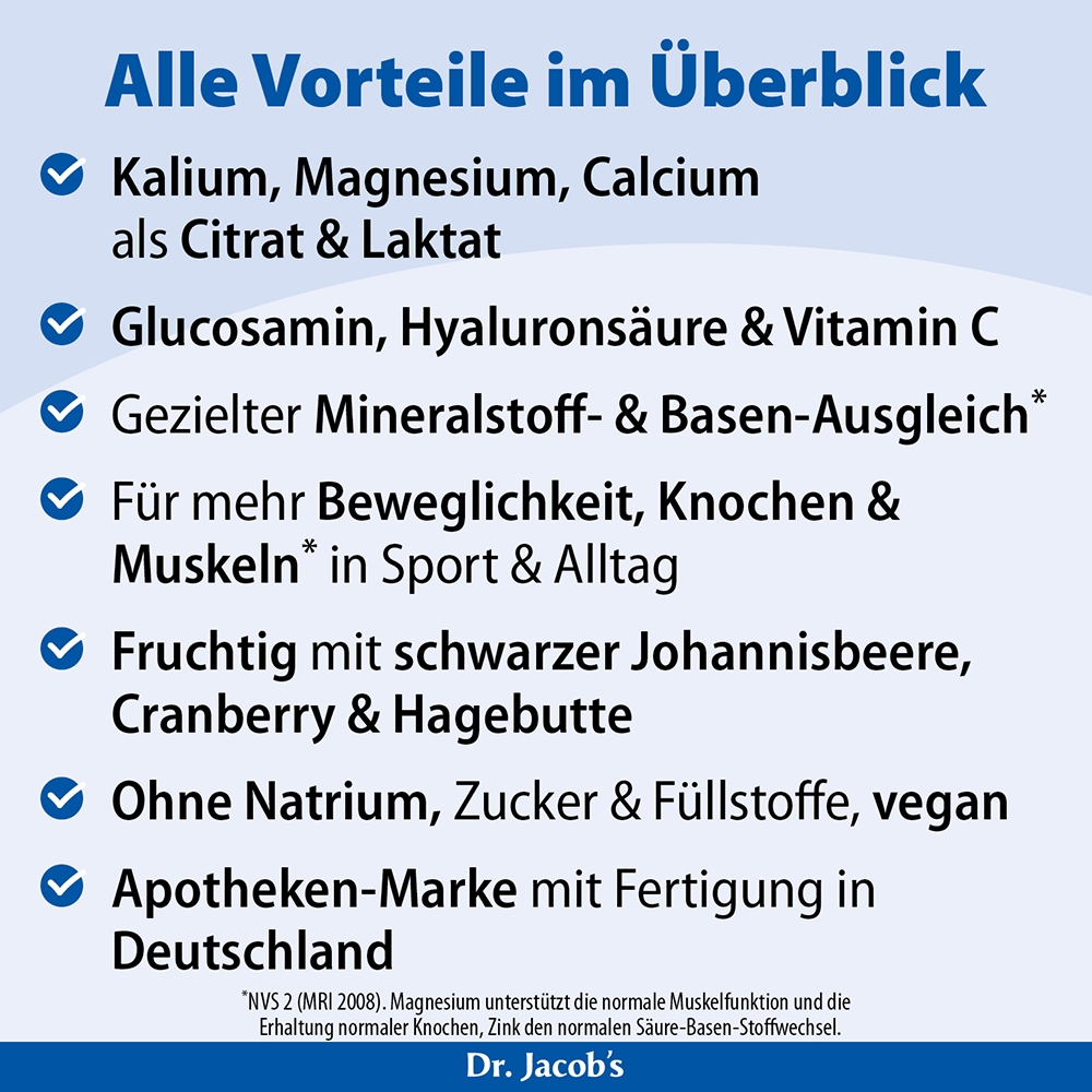 Infografik, die die Vorteile von Dr. Jacobs Produkt zusammenfasst und Inhaltsstoffe wie Kalium, Magnesium, Kalzium, Glucosamin, Hyaluronsäure und Vitamin C sowie die vegane, zucker- und natriumfreie Zusammensetzung hervorhebt.