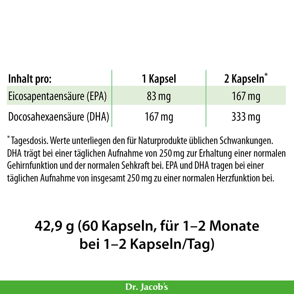 Detail: Nährwertangaben für das Produkt von Dr. Jacob mit Angabe des Inhalts pro Kapsel, einschließlich Eicosapentaensäure (EPA) und Docosahexaensäure (DHA), mit Dosierungsempfehlungen.