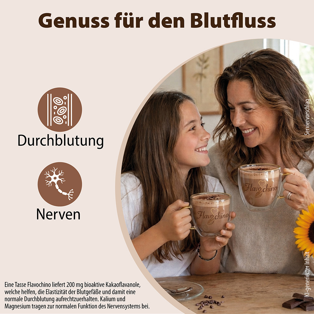 Eine Frau und ein Mädchen sitzen zusammen, jeder hält einen Glasbecher mit Dr. Jacobs Flavochino. Infografikelemente veranschaulichen die Vorteile von Kakaoflavanolen für die Durchblutung und das Nervensystem, mit erläuterndem Text zu Kalium und Magn