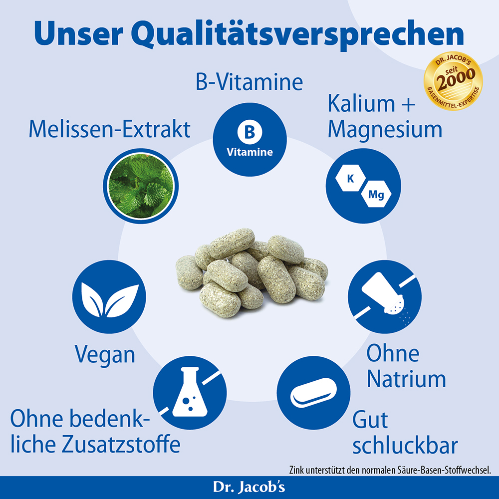 Infografik von Dr. Jacob's zur Veranschaulichung der Produktqualitätsmerkmale: B-Vitamine, Melissenextrakt, Kalium, Magnesium, vegan, natriumfrei, frei von Zusatzstoffen und leicht zu schluckende Tabletten, mit Hinweis zum Zink- und Säure-Basen-Stoff