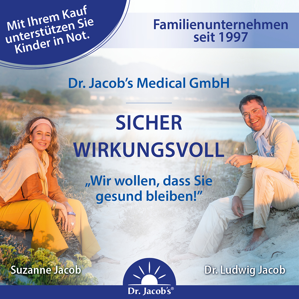 Infografik zu Dr. Jacob’s Medical GmbH mit den Slogans „SICHER“ und „WIRKUNGSVOLL“. Abgebildet sind Suzanne Jacob und Dr. Ludwig Jacob am Strand.