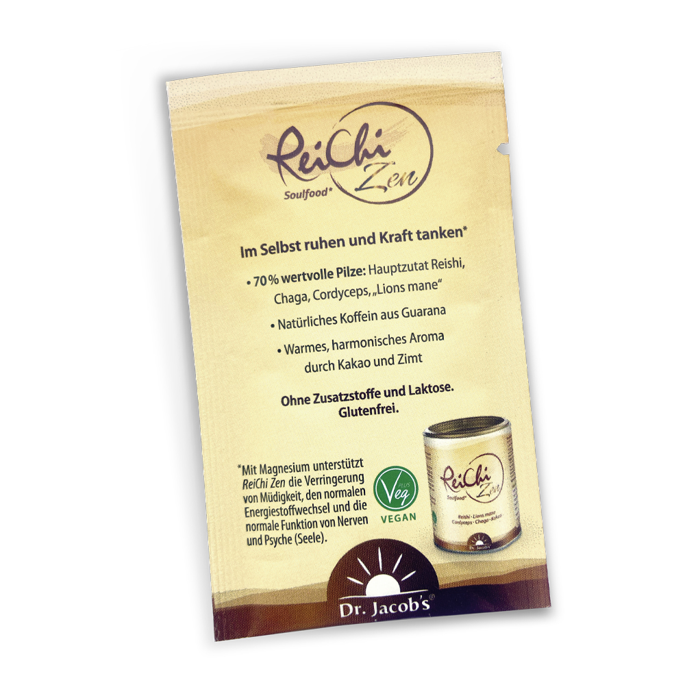 Detailaufnahme der Verpackung von Dr. Jacob’s Reichi Zen – Soulfood mit wertvollen Pilzen wie Reishi, Chaga und Cordyceps. Enthält natürliche Inhaltsstoffe und ist glutenfrei.
