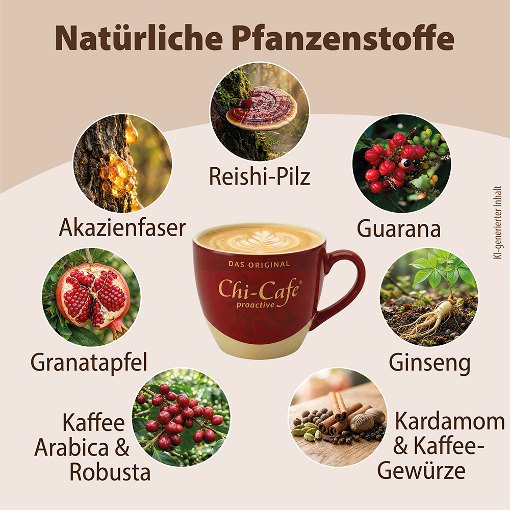 Infografik mit natürlichen Inhaltsstoffen von Dr. Jacob’s Chi-Cafe proactive: Akazienfaser, Reishi-Pilz, Guarana, Granatapfel, Ginseng, Arabica- und Robusta-Kaffee, Kardamom und Kaffeegewürze, angeordnet um eine Tasse Kaffee.