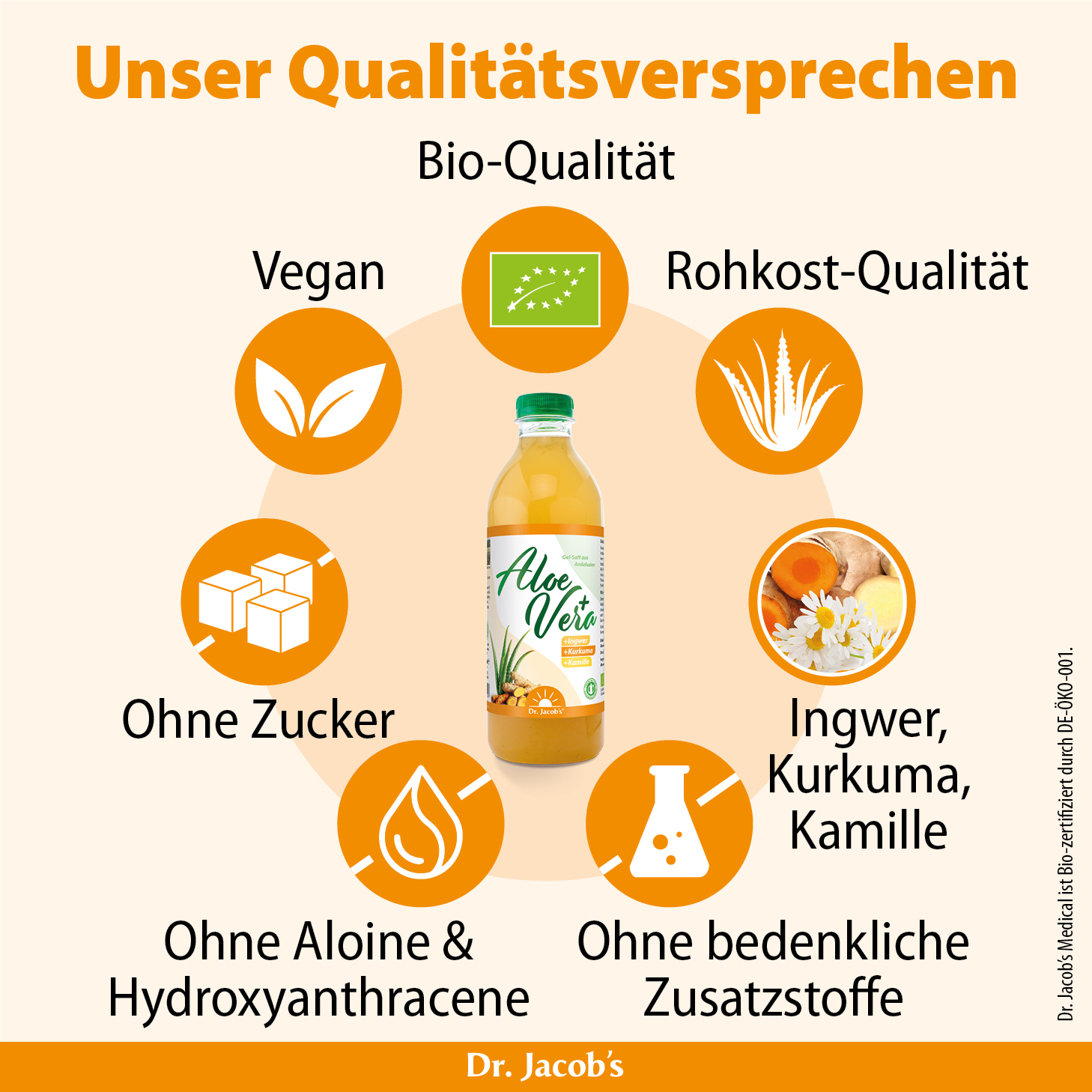 Infografik zu den Qualitätsstandards von Dr. Jacob's Aloe Vera mit den Schwerpunkten Bio-Qualität, Vegan, Rohkostqualität, kein Zucker, kein Aloin oder Hydroxyanthracene, keine bedenklichen Zusatzstoffe sowie die Verwendung von Ingwer, Kurkuma und Ka