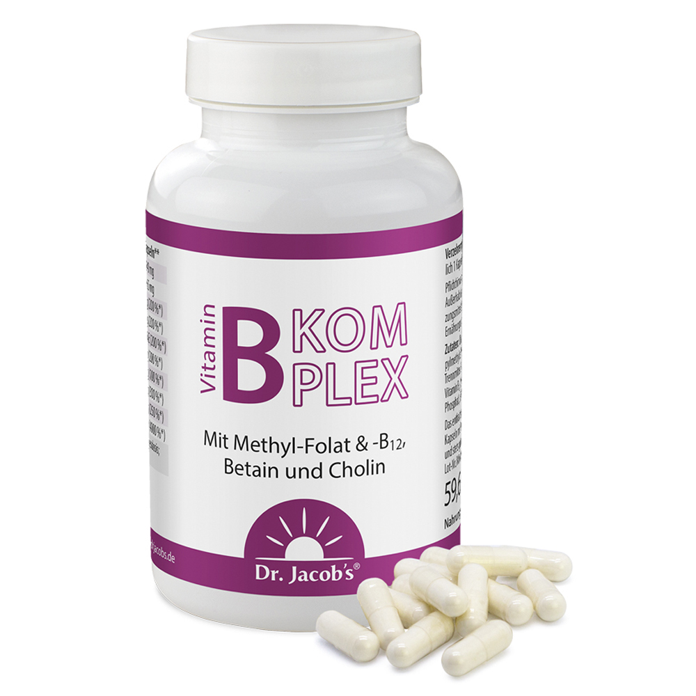 Dr. Jacob’s B-Komplex – Kapseln, 59,4 g. Die Verpackung zeigt die Produktnamen und die Inhaltsstoffe, darunter Methyl-Folat, B12, Betain und Cholin, mit mehreren Kapseln daneben.