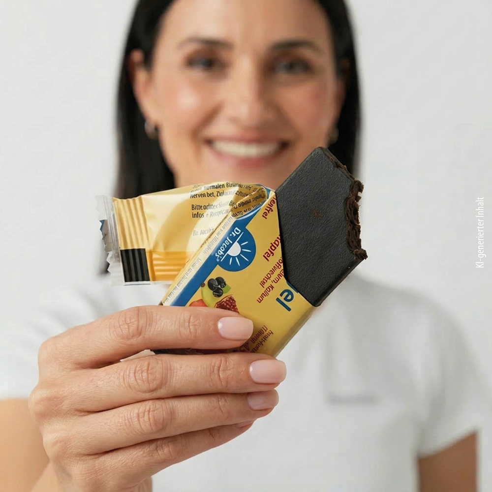 Eine Person hält einen teilweise ausgepackten, mit Schokolade überzogenen Riegel von Dr. Jacob’s in der Hand, auf dem die dunkle Schokoladentextur und die gelbe Produktverpackung mit sichtbarem Branding und Fruchtillustrationen zu sehen sind.