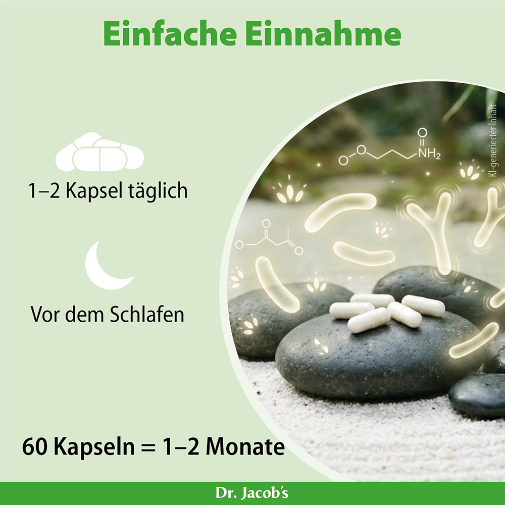 Infografik von Dr. Jacob's mit einfachen Einnahmeanweisungen: Nehmen Sie täglich 1-2 Kapseln vor dem Schlafengehen ein. Die Grafik weist darauf hin, dass 60 Kapseln einen Vorrat für 1–2 Monate bieten, und zeigt Kapseln, die auf glatten Steinen ruhen.