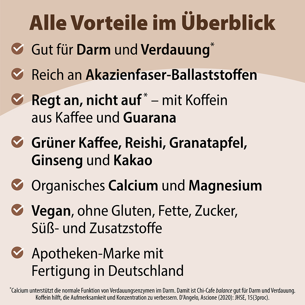 Infografik, die die Vorteile von Dr. Jacobs Chi-Cafe Balance zusammenfasst: Enthält Akazienfasern, Koffein aus Kaffee und Guarana, grünen Kaffee, Reishi, Granatapfel, Ginseng, Kakao, Kalzium und Magnesium. Es ist vegan und frei von Gluten, Fett und Z