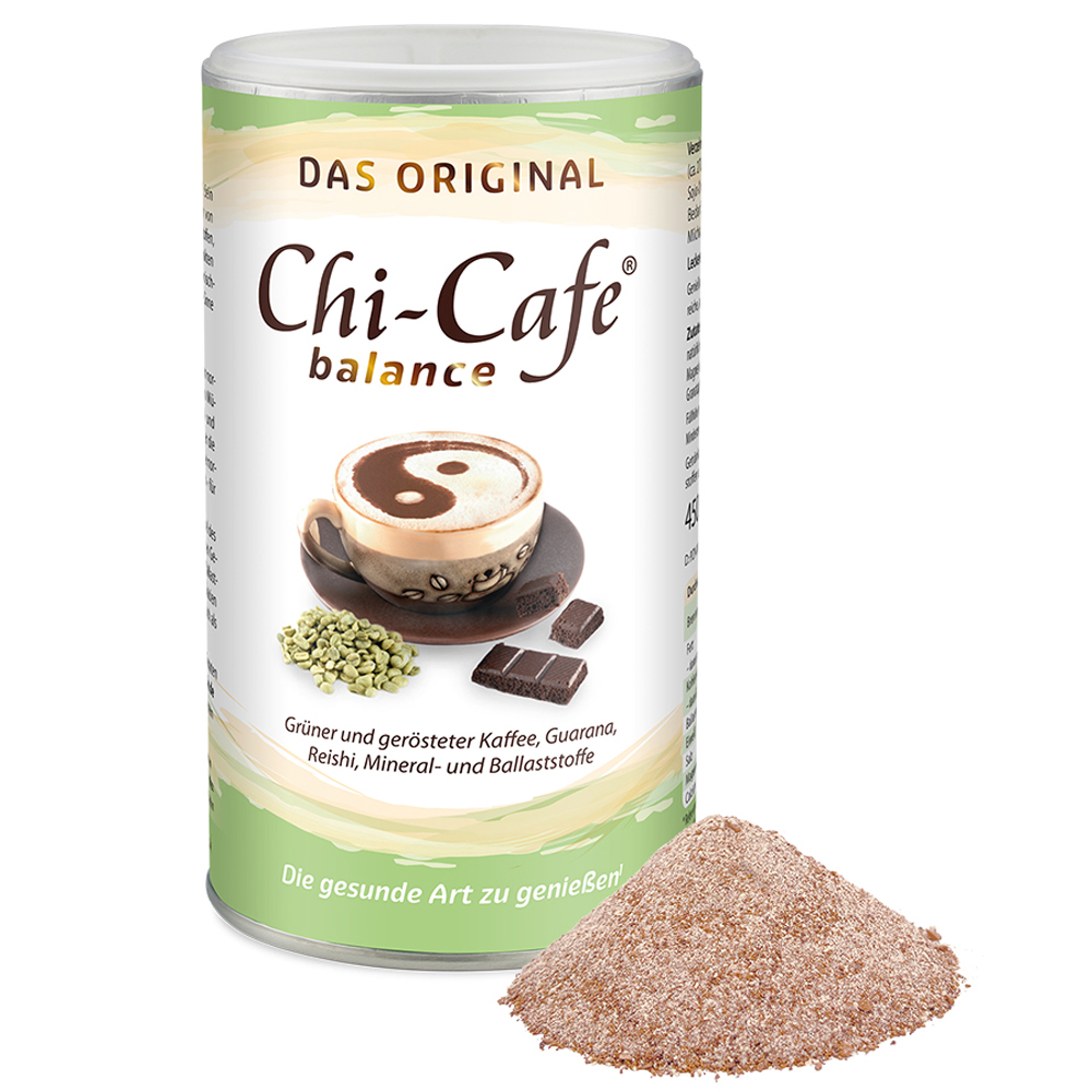 Dr. Jacob’s Chi-Cafe Balance Kaffeegetränkepulver in einer 450-g-Dose mit grünem Kaffee, Guarana, Reishi, Mineralien und Ballaststoffen, dargestellt mit einem kleinen Pulverhaufen im Vordergrund.