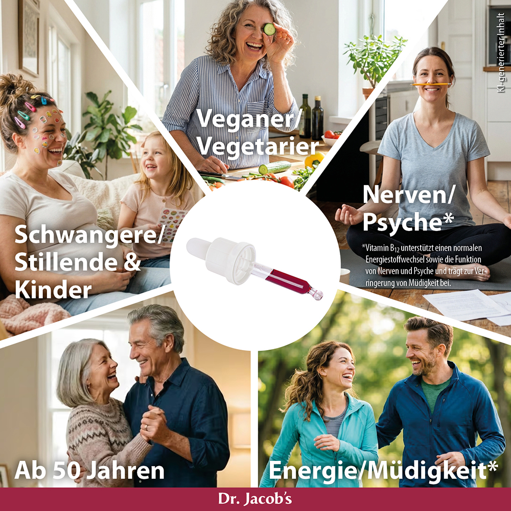 Infografik, die die Vorteile von Dr. Jacob's Vitamin B12 für verschiedene Gruppen hervorhebt, darunter Veganer, schwangere Frauen und Personen über 50, mit einem zentralen Bild einer Tropfflasche.