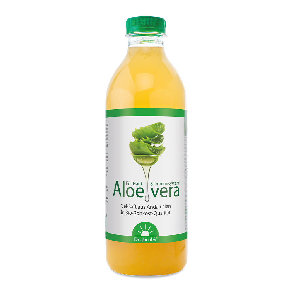 Dr. Jacob's Aloe-Vera-Gel-Saft in einer durchsichtigen Flasche mit grünem Verschluss, mit einem Etikett mit einer Illustration der Aloe-Vera-Pflanze und einem Text, der auf Bio-Rohkostqualität aus Andalusien hinweist.