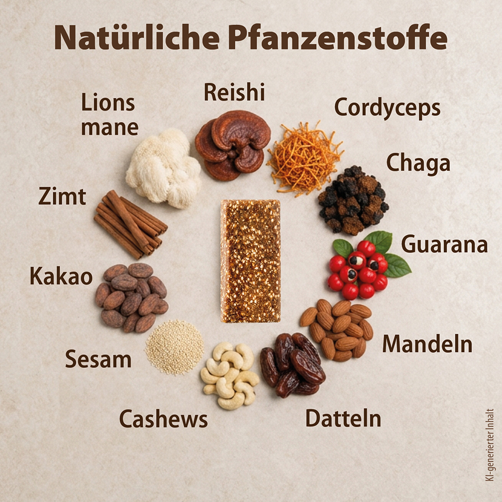 Infografik mit einer Bar von Dr. Jacob’s in der Mitte, umgeben von natürlichen Zutaten: Löwenmähne, Reishi, Cordyceps, Chaga, Guarana, Mandeln, Datteln, Cashewnüsse, Sesamsamen, Kakaobohnen und Zimtstangen, gekennzeichnet als natürliche Pflanzenstoff