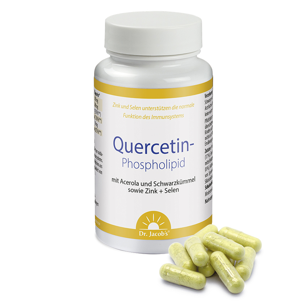 Quercetin-Phospholipid-Ergänzungsflasche von Dr. Jacob mit Kapseln vorne und Inhaltsstoffen wie Acerola, Schwarzkümmel, Zink und Selen, präsentiert als weißer Behälter mit gelber Beschriftung auf einem sauberen weißen Hintergrund.