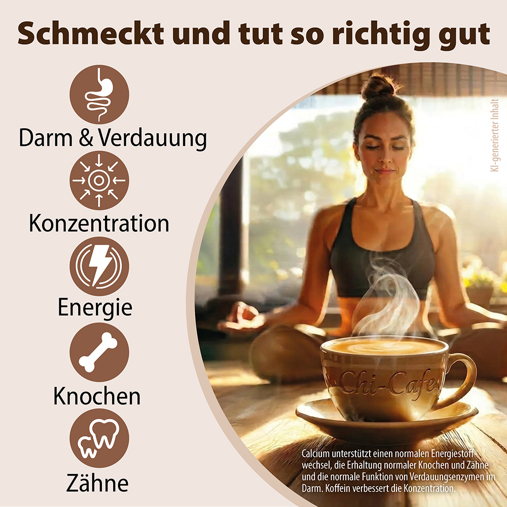Infografik für Dr. Jacob’s Chi-Cafe, die eine meditierende Frau neben einer dampfenden Tasse Kaffee zeigt. Symbole veranschaulichen gesundheitliche Vorteile für Verdauung, Konzentration, Energie, Knochen und Zähne, unterstützt durch Text zu Kalzium- 