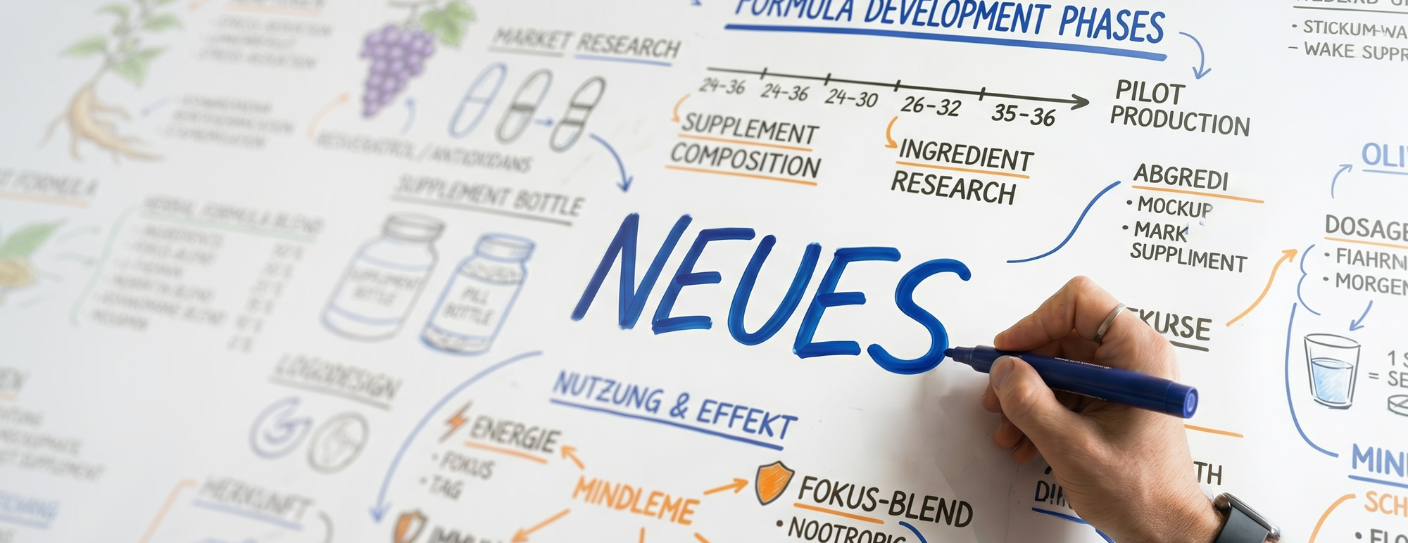 Infografik zu den Phasen der Produktentwicklung mit Fokus auf Inhaltsstoffe, Nutzung und Effekte von Nahrungsergänzungsmitteln. Hand schreibt „NEUES“ auf die Tafel.
