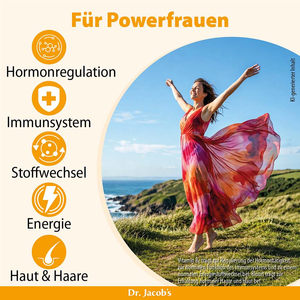 Infografik, die Vorteile für Frauen hervorhebt, mit einer Frau in einem fließenden Kleid in einer Küstenlandschaft. Zu den wichtigsten Punkten zählen die Hormonregulation, die Unterstützung des Immunsystems, der Stoffwechsel, die Energie sowie die Ge