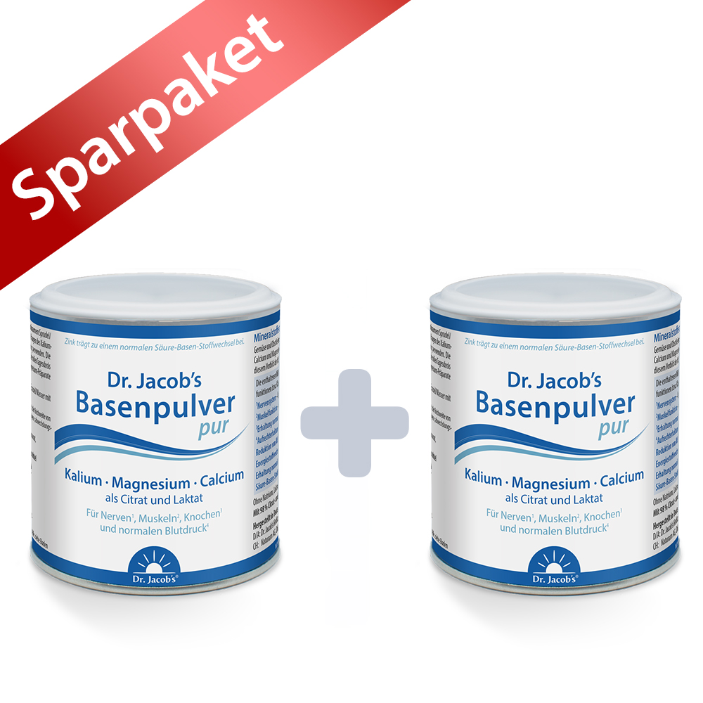 Set aus Dr. Jacob’s Basenpulver pur – zwei Dosen mit Mineralstoffen Kalium, Magnesium und Calcium sowie Citrat und Laktat.