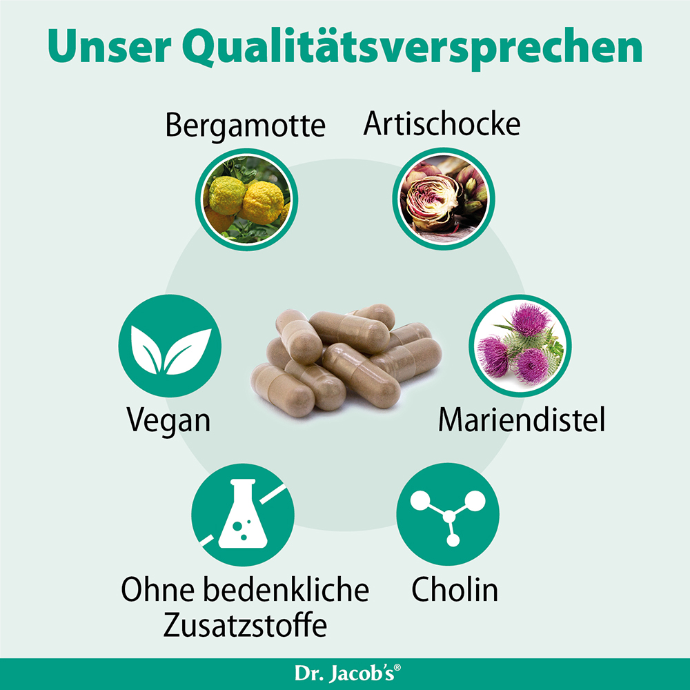 Infografik zu Dr. Jacob’s Qualitätsversprechen mit den Zutaten Bergamotte, Artischocke, Mariendistel, vegan, ohne bedenkliche Zusatzstoffe und Cholin.