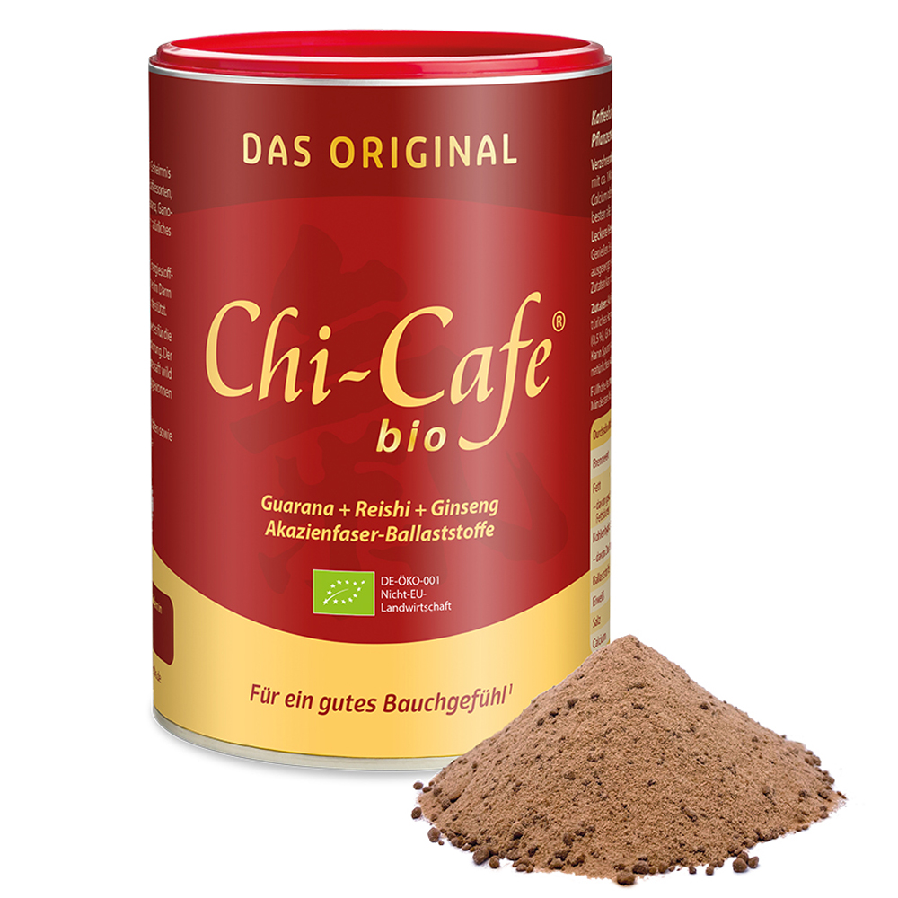 Dr. Jacobs Chi-Cafe-Biografie, eine rote Dose Kaffeegetränkepulver mit Guarana-, Reishi-, Ginseng- und Akazienfasern, abgebildet mit einem kleinen Haufen des braunen Pulvers davor.