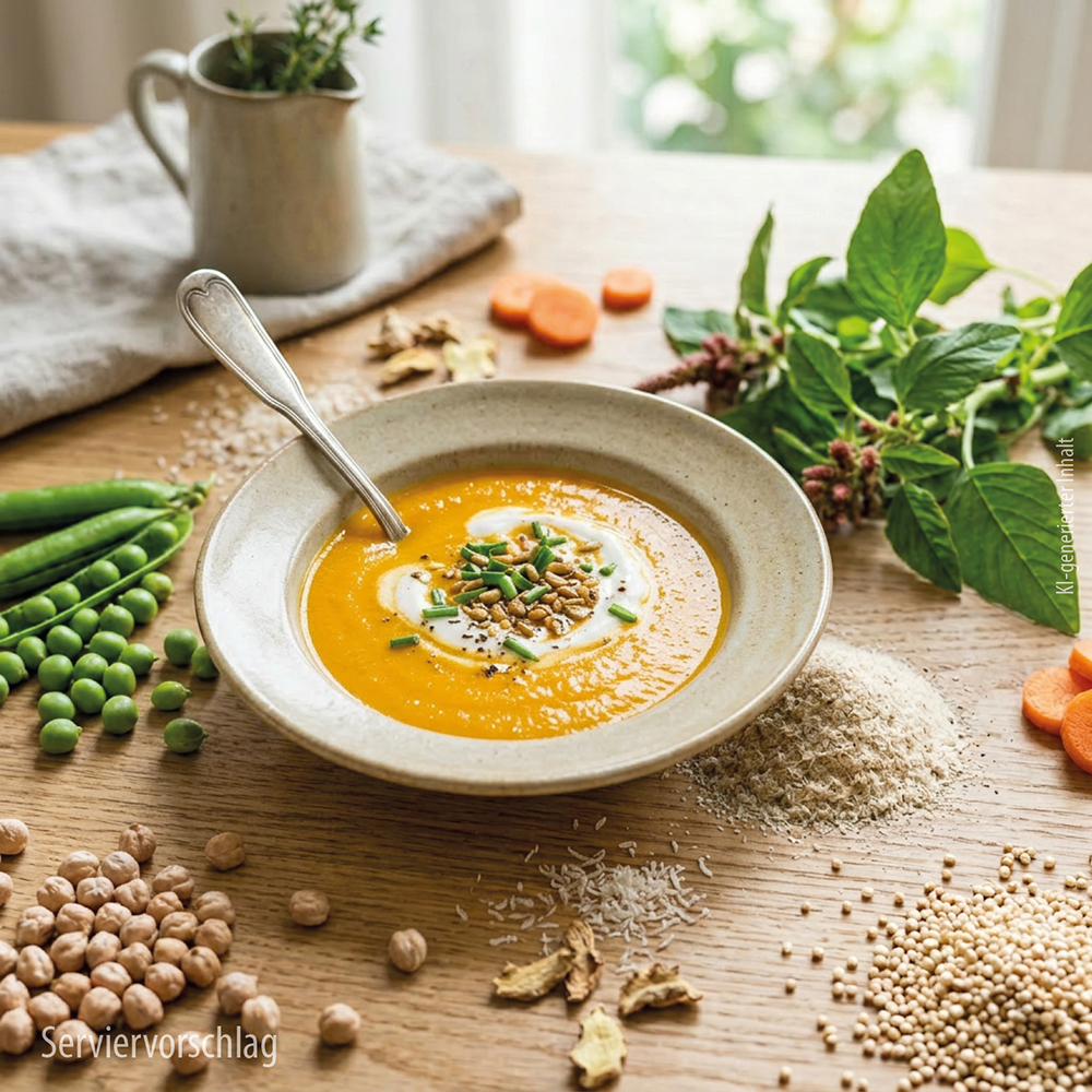 Eine Schüssel orangefarbene Gemüsesuppe, garniert mit Sahne, Samen und Schnittlauch, serviert auf einem Holztisch, umgeben von rohen Zutaten wie grünen Erbsen, Kichererbsen, Karotten und Körnern als Serviervorschlag.