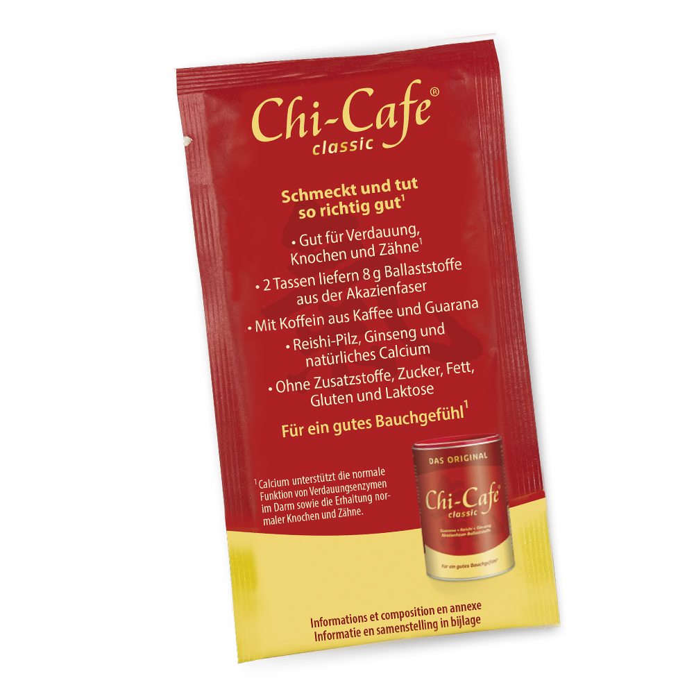 Dr. Jacob’s Chi-Cafe classic – Instantgetränk, 10 g Portionsbeutel. Enthält Ballaststoffe, Koffein aus Kaffee und Guarana sowie Reishi-Pilz und Ginseng.