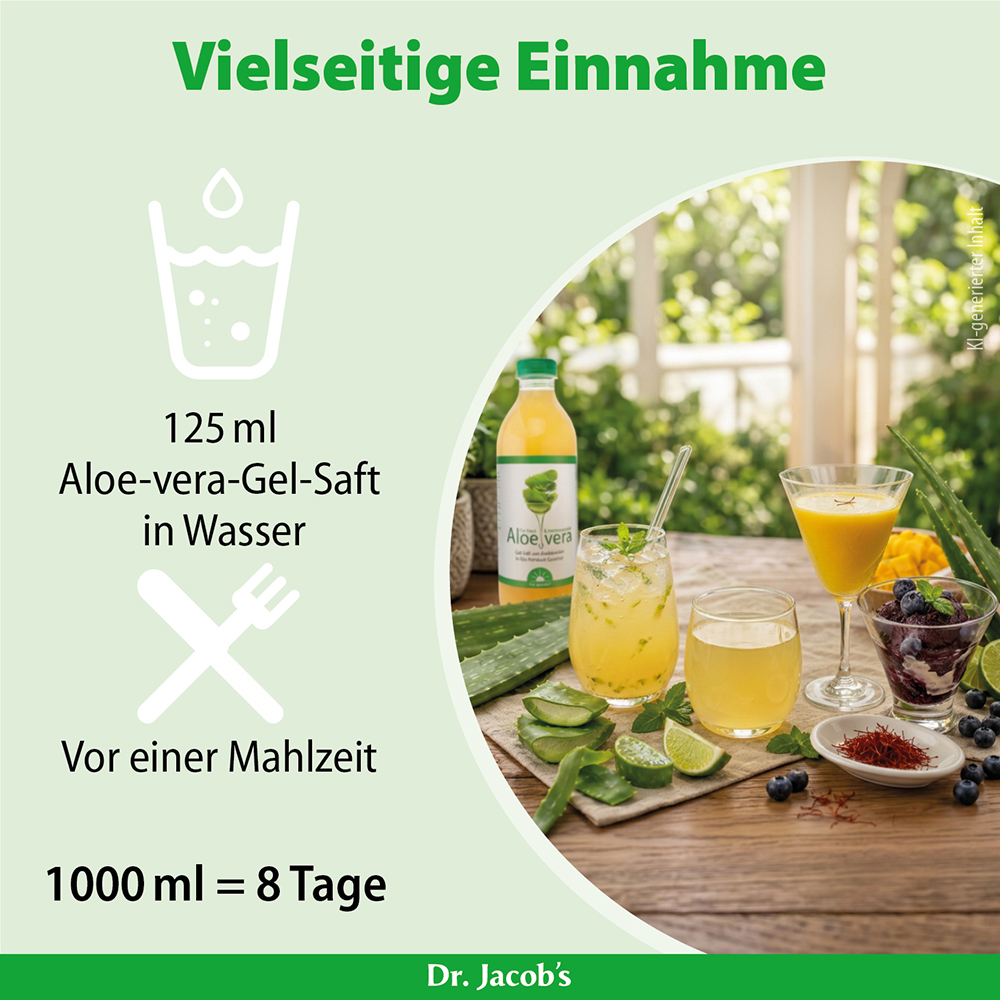 Dr. Jacobs Aloe-Vera-Gel-Saft in einer Flasche mit Getränken in Gläsern, darunter ein Cocktail und ein Smoothie, zusammen mit frischen Aloe-Vera-Blättern und Limettenscheiben, wobei der Schwerpunkt auf der vielseitigen Einnahme vor den Mahlzeiten lie