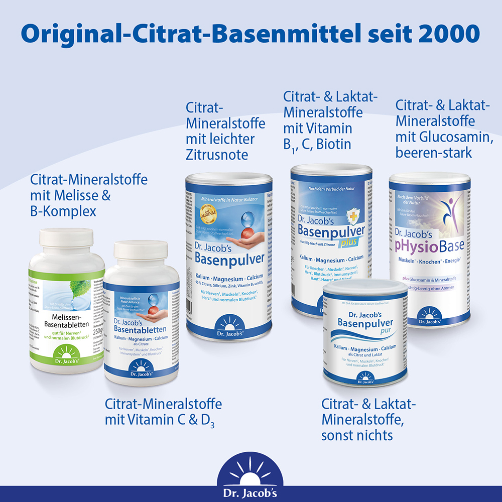 Set aus Dr. Jacob’s Basenpulver, Basenpulver plus, pHysioBase, Citrate mit Melisse & B-Komplex, Citrate mit Vitamin C & D3 sowie Citrate mit Glucosamin. Verschiedene Darreichungsformen in Dosen.