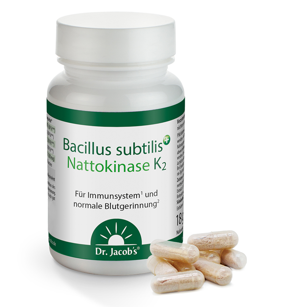 Dr. Jacob’s Bacillus subtilis Nattokinase K2 – Nahrungsergänzungsmittel, 180 Kapseln, Kapseln neben der Flasche angezeigt.