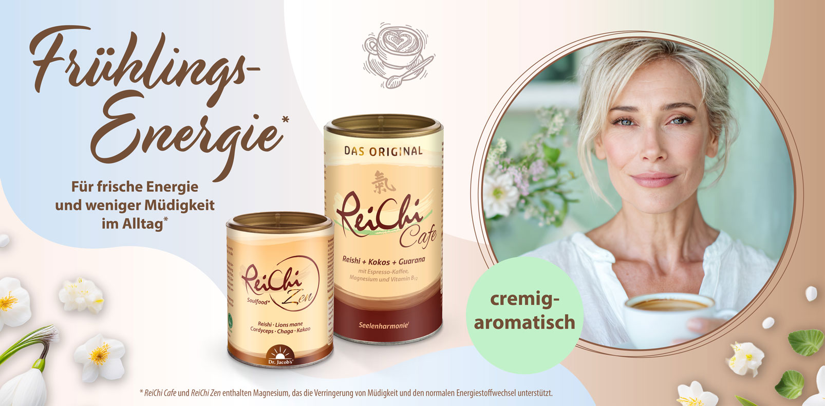 Set aus Dr. Jacob’s ReiChi Cafe und ReiChi Zen – cremig-aromatisch, mit Zutaten wie Reishi, Kokos und Guarana, für frische Energie im Alltag.