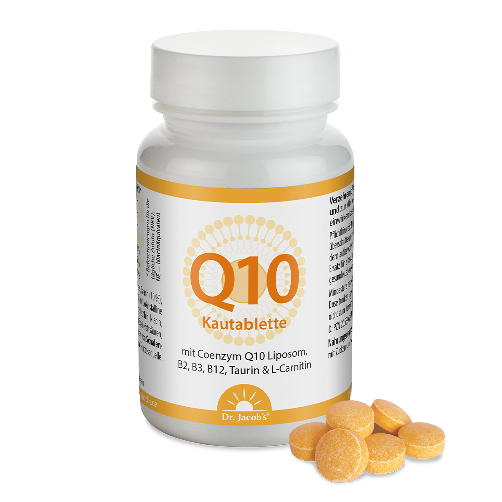 Dr. Jacob’s Q10 Kautablette – Dose mit Kautabletten, enthält Coenzym Q10 Liposom, B2, B3, B12, Taurin und L-Carnitin.