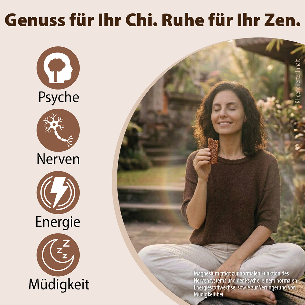 Eine Frau sitzt in entspannter Pose im Freien und hält eine Snackbar in der Hand. Symbole stellen die Vorteile von Magnesium für die Psyche, das Nervensystem, den Energiestoffwechsel und die Verringerung von Müdigkeit dar, mit erläuterndem Text zu di