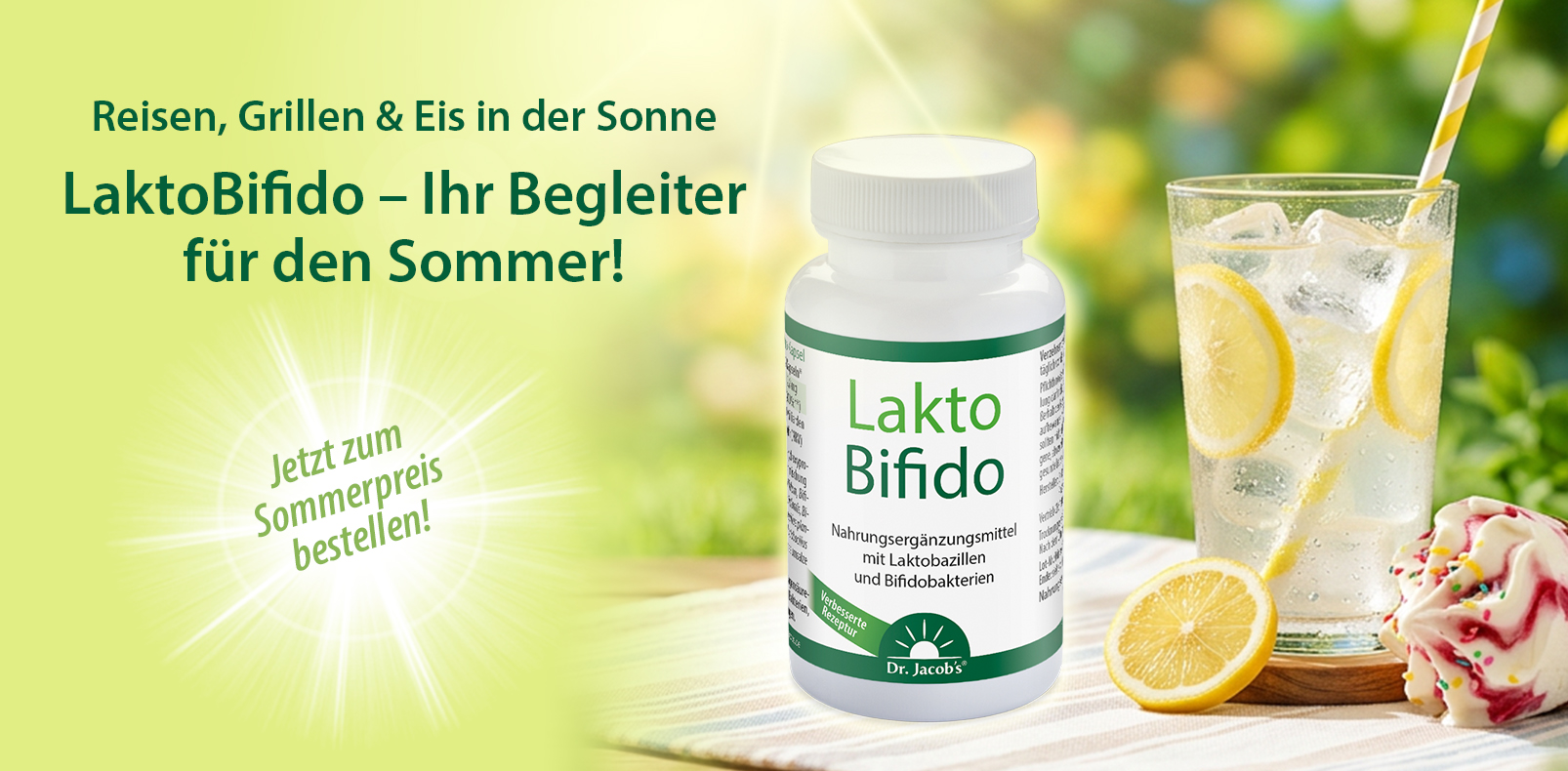 Dr. Jacob’s LaktoBifido – Nahrungsergänzungsmittel mit Laktobazillen und Bifidobakterien, in einer weißen Flasche, im Hintergrund ein erfrischendes Getränk mit Zitrone.