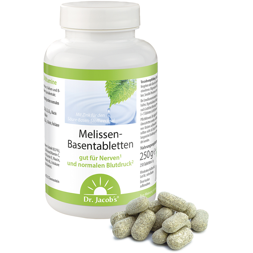 Dr. Jacob’s Melissen-Basentabletten in einer weißen Plastikflasche, 250 g, mit mehreren ovalen, gesprenkelten Tabletten vor dem Behälter auf weißem Hintergrund.