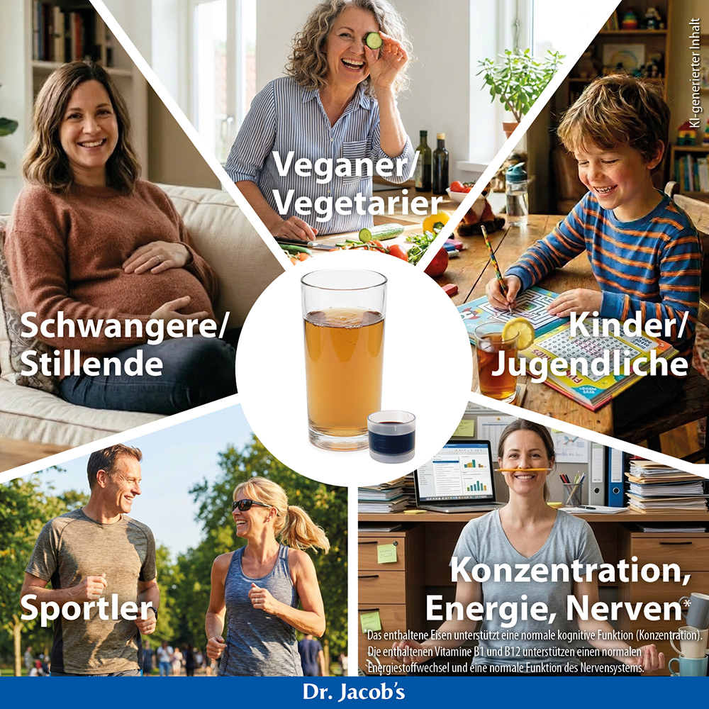 Collage, die verschiedene Personen zeigt, darunter eine schwangere Frau, eine Veganerin, ein Kind und Sportler, die ein Glas Flüssigkeit umgeben und die Zielgruppen von Dr. Jacob für Konzentration, Energie und Unterstützung des Nervensystems darstell