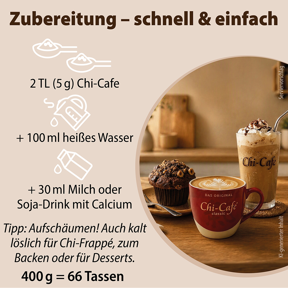 Infografik zur Zubereitung von Dr. Jacob’s Chi-Cafe: 5 g Pulver mit 100 ml heißem Wasser und 30 ml Milch oder Sojagetränk vermischen. Enthält einen Serviervorschlag für ein zubereitetes Chi-Cafe-Getränk und einen Muffin sowie Informationen zu Ergiebi