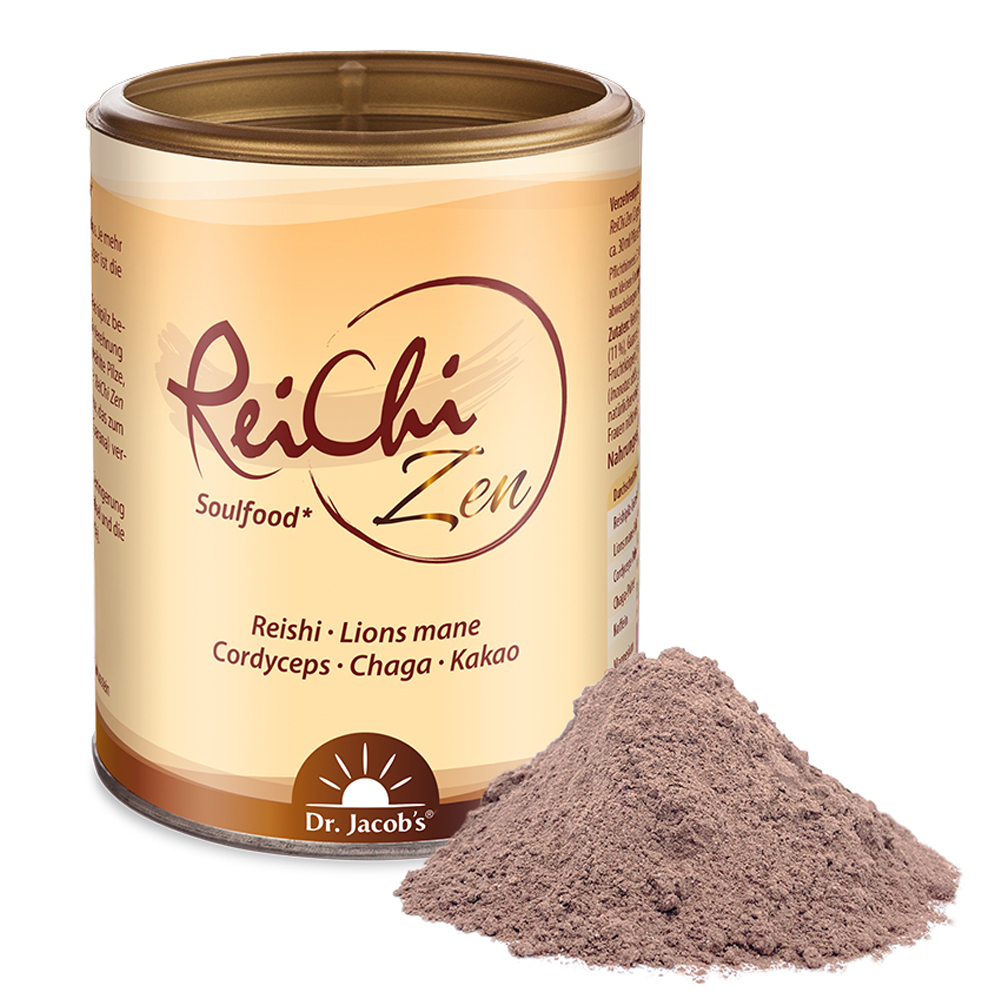Dr. Jacob’s ReiChi Zen-Pulver in einer runden Dose mit Reishi, Löwenmähne, Cordyceps, Chaga und Kakao, mit einem kleinen Haufen des braunen Pulvers vor der Verpackung.