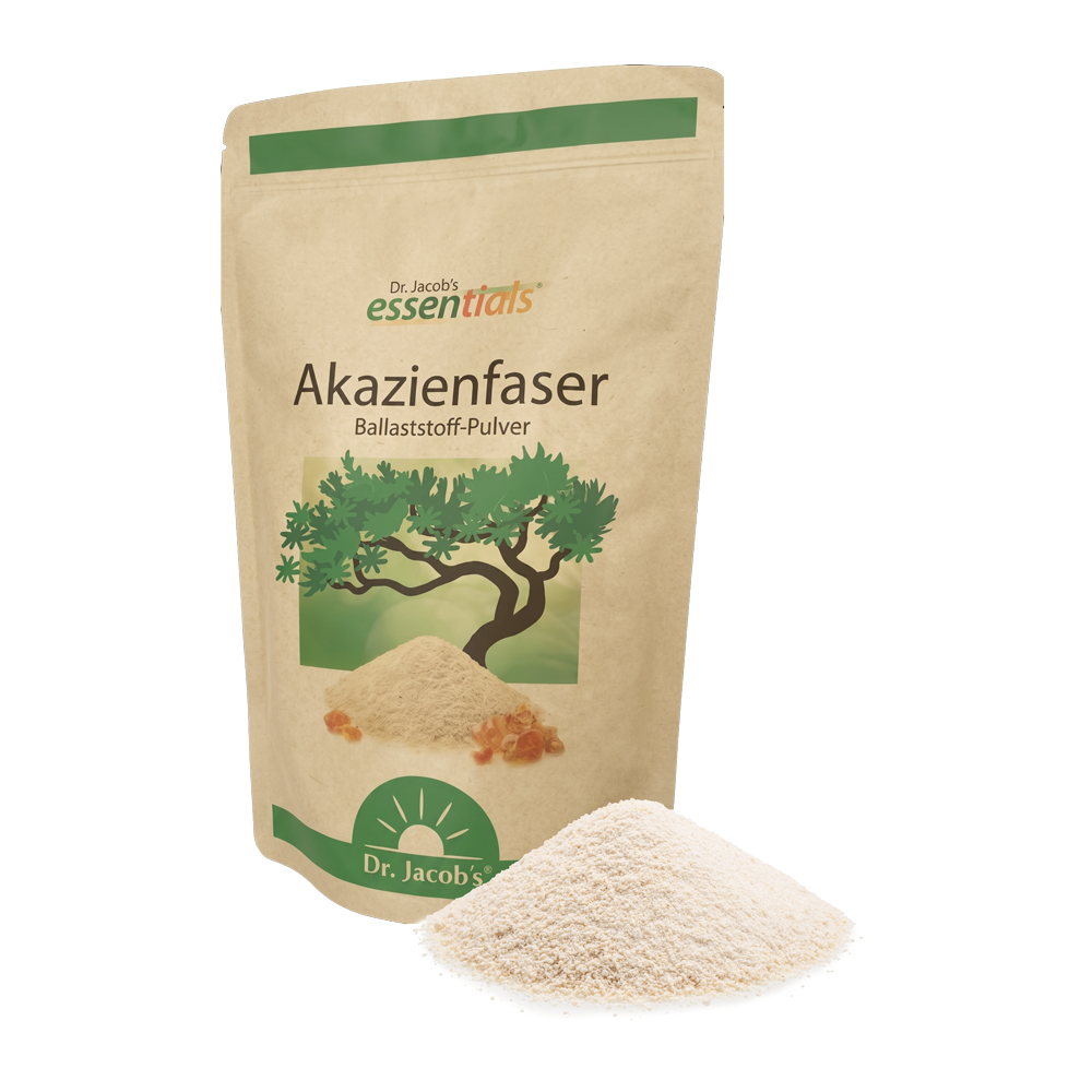 Dr. Jacob’s Akazienfaser-Ballaststoffpulver im Standbeutel mit Abbildung eines Akazienbaums und einem kleinen Häufchen des hellen Pulvers vor der Verpackung.