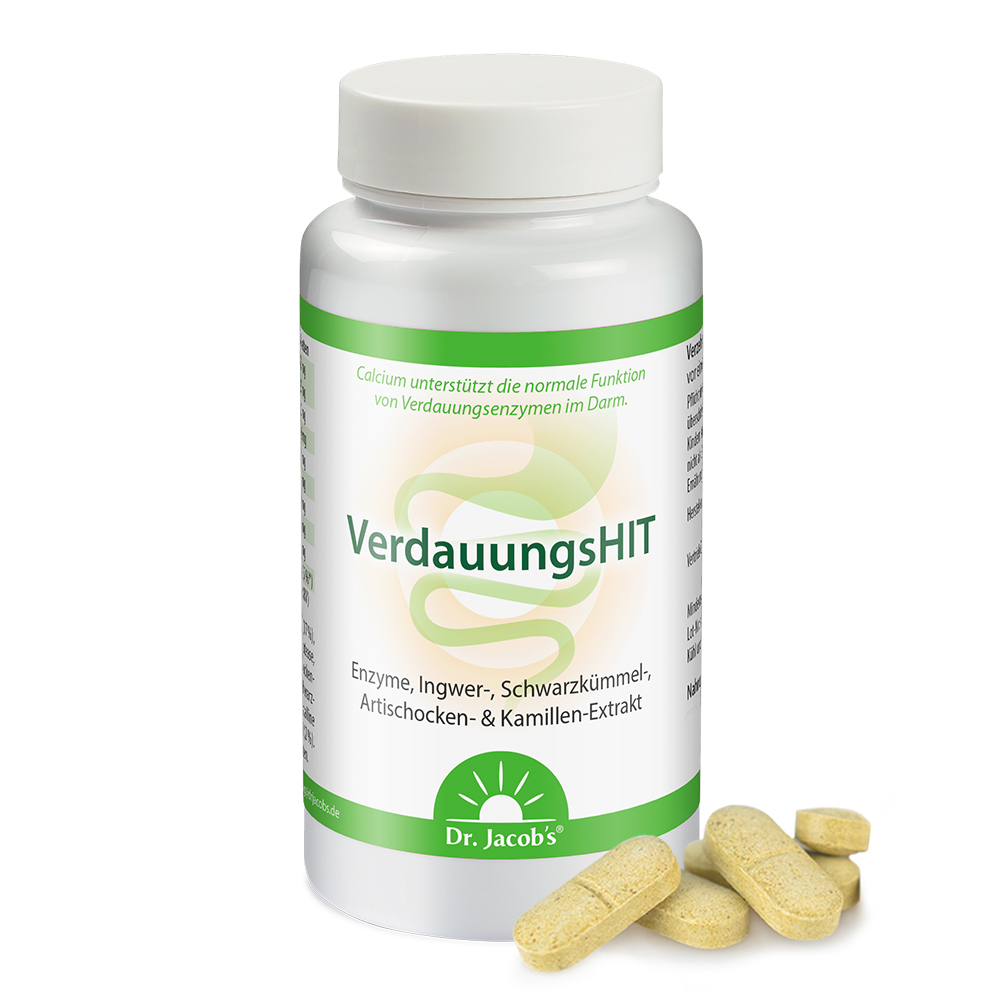 Dr. Jacob’s VerdauungsHIT – Nahrungsergänzungsmittel in einer weißen Flasche mit grünem Deckel, daneben mehrere Kapseln. Enthält Enzyme, Ingwer, Schwarzkümmel, Artischocken- und Kamillen-Extrakt.