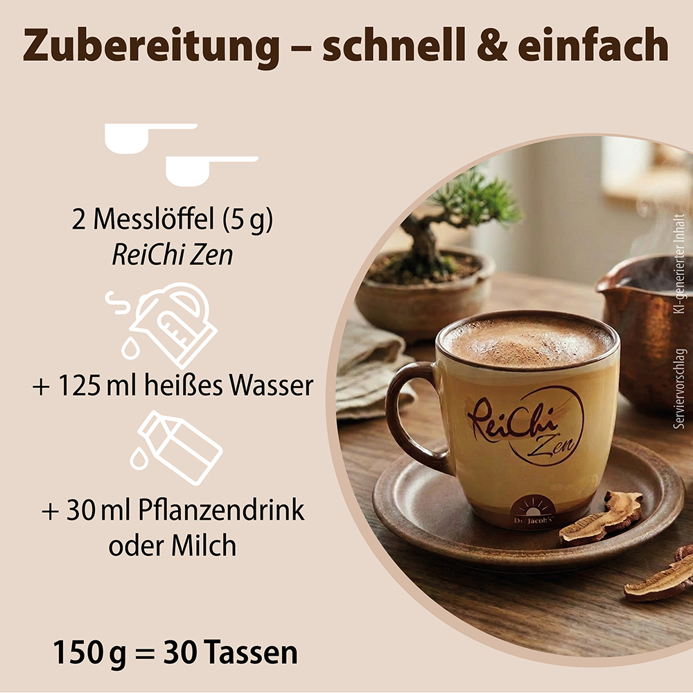 Infografik zur Zubereitung von Dr. Jacob’s ReiChi Zen: Mischen Sie 2 Messlöffel (5 g) mit 125 ml heißem Wasser und 30 ml pflanzlichem Getränk oder Milch. Das Bild zeigt auch eine vorbereitete Tasse des Getränks und vermerkt eine Ergiebigkeit von 30 P