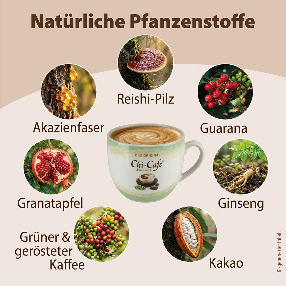 Infografik mit natürlichen Inhaltsstoffen von Dr. Jacob’s Chi-Cafe Balance: Akazienfaser, Reishi-Pilz, Guarana, Granatapfel, Ginseng, grüner und gerösteter Kaffee sowie Kakao, umgeben von einer Tasse Kaffee.