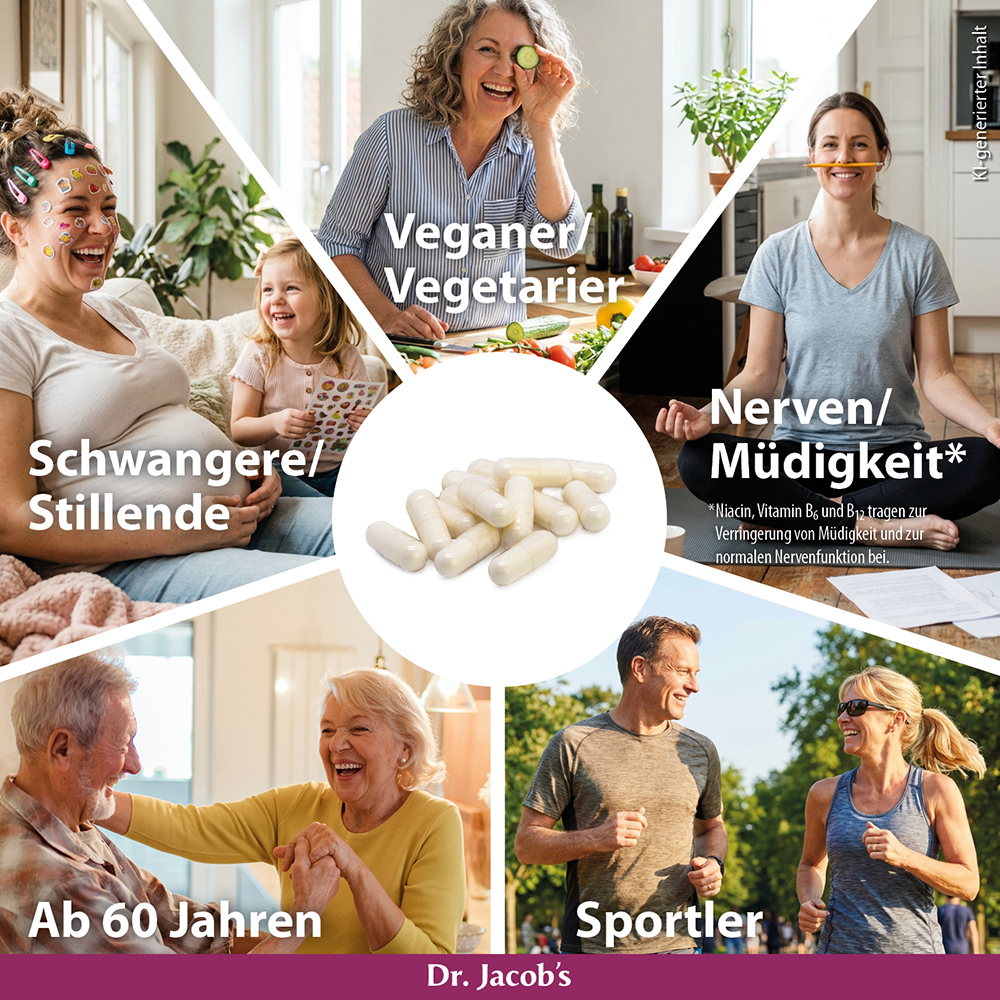 Detailaufnahme von Kapseln neben Dr. Jacob’s Produkt, umgeben von Bildern verschiedener Personengruppen, die gesunde Lebensstile repräsentieren, einschließlich Schwangeren, Sportlern und Senioren.
