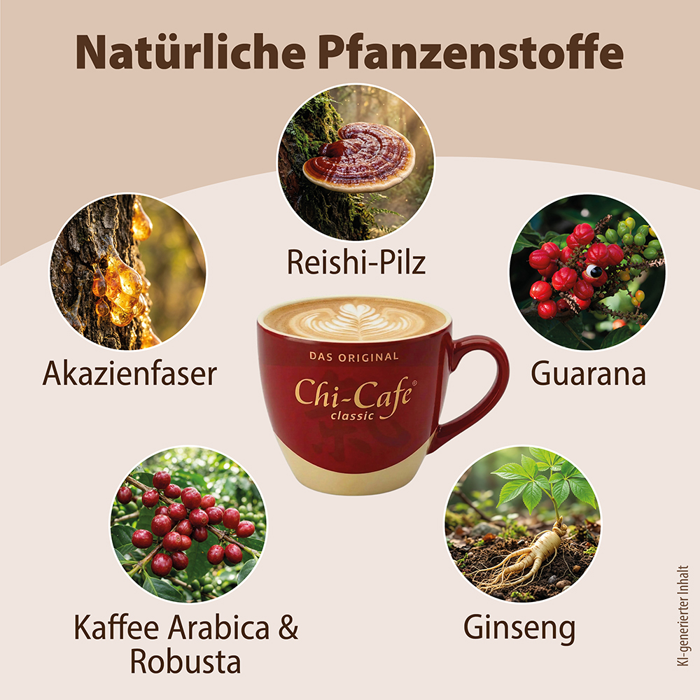Infografik mit natürlichen Zutaten von Dr. Jacobs Chi-Cafe-Klassiker: Akazienfasern, Reishi-Pilze, Guarana, Arabica- und Robusta-Kaffeebohnen sowie Ginseng, angeordnet um eine Tasse Kaffee.