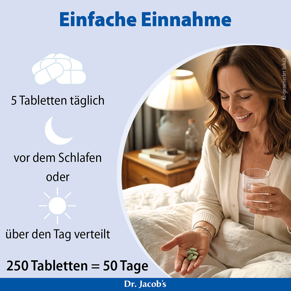 Infografik, die die Einnahme von Dr. Jacob’s Tabletten zeigt: 5 Tabletten täglich, vor dem Schlafengehen einzunehmen oder über den Tag verteilt. Eine Frau sitzt auf einem Bett und hält die Tabletten und ein Glas Wasser in der Hand. Die Packung enthäl