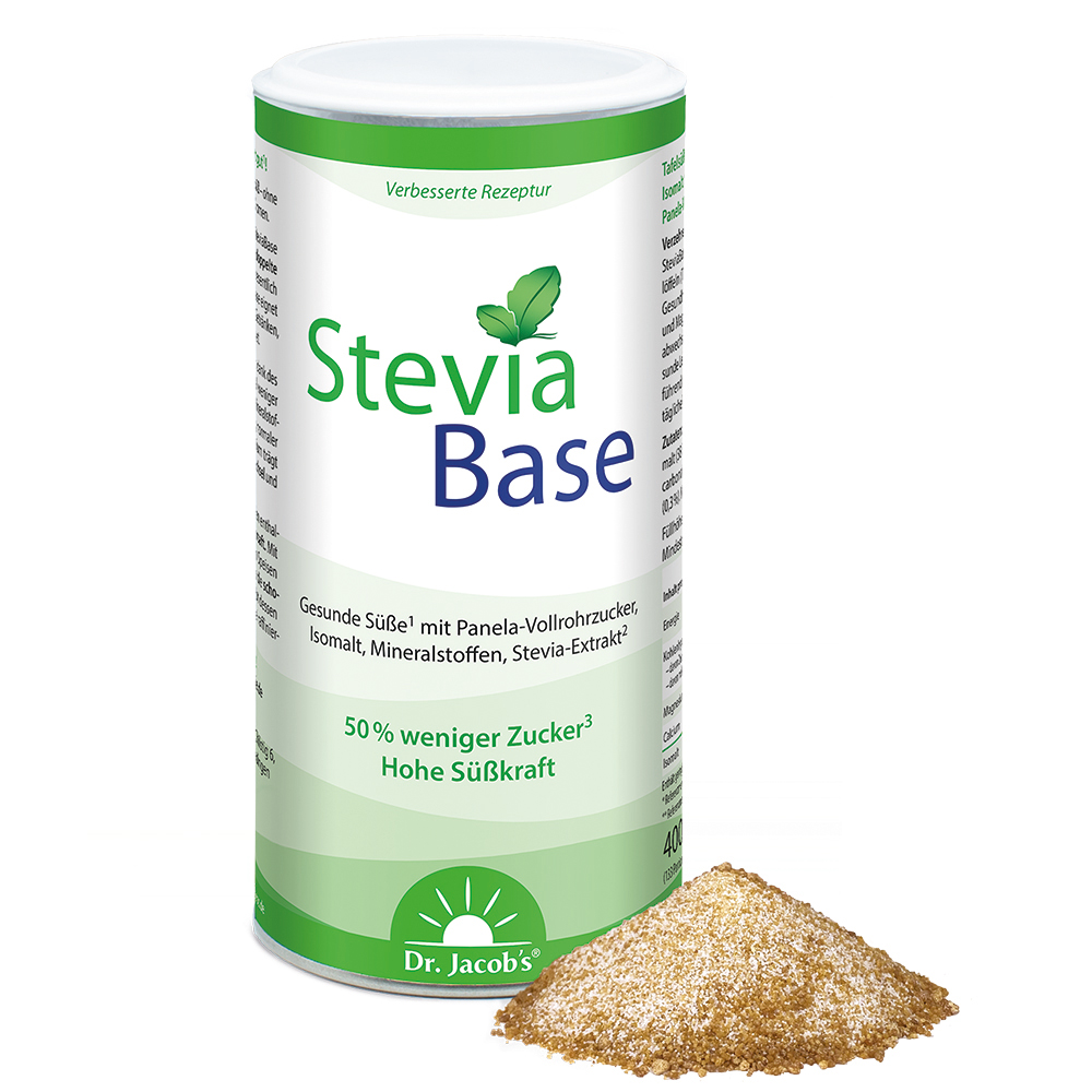 Dr. Jacob’s SteviaBase-Süßstoff in einem 400-g-Kanister, mit einer Mischung aus Panela-Vollrohrzucker, Isomalt, Mineralien und Stevia-Extrakt, begleitet von einem kleinen Haufen des granulierten Produkts im Vordergrund.