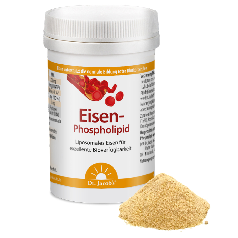 Dr. Jacob’s Eisen-Phospholipid – Liposomales Eisen für exzellente Bioverfügbarkeit, Dose mit Pulver neben einer Portion des Produkts.