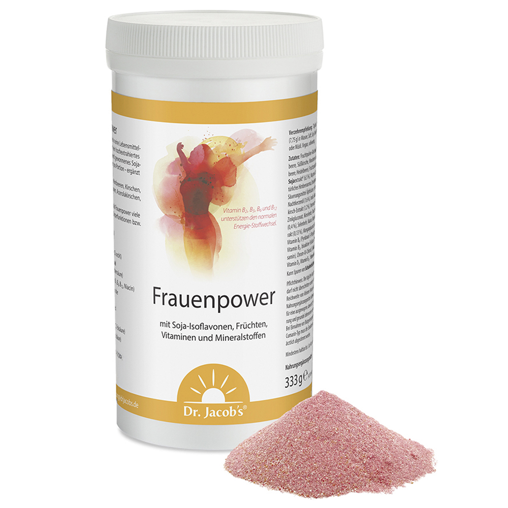 Dr. Jacob’s Frauenpower – Pulver, 333g. Behälter mit farbenfrohem Design und daneben ein kleiner Haufen rosa Pulver mit Zutaten wie Soja-Isoflavonen und Vitaminen.