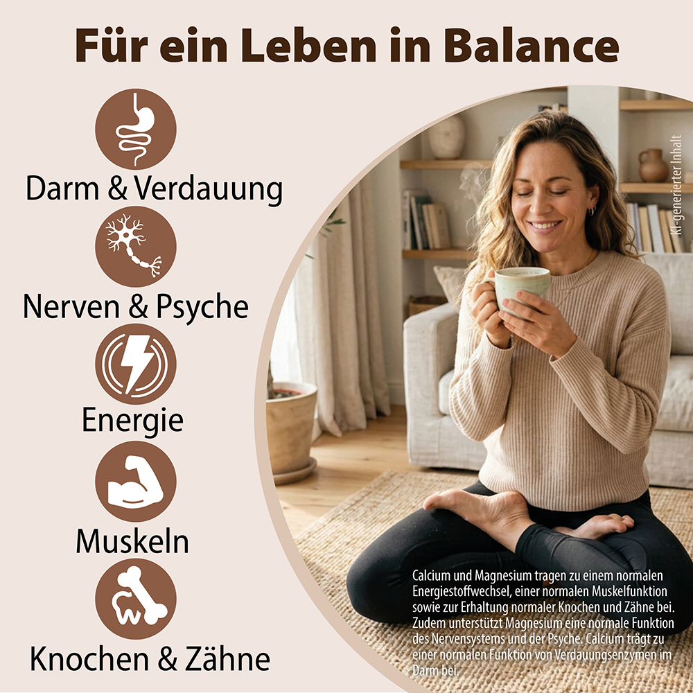 Eine Frau sitzt in einer Yoga-Pose und hält eine warme Tasse in einem gemütlichen Wohnzimmer, neben einer Infografik, die gesundheitliche Vorteile für Verdauung, Nerven, Psyche, Energie, Muskeln, Knochen und Zähne auflistet, einschließlich Informatio