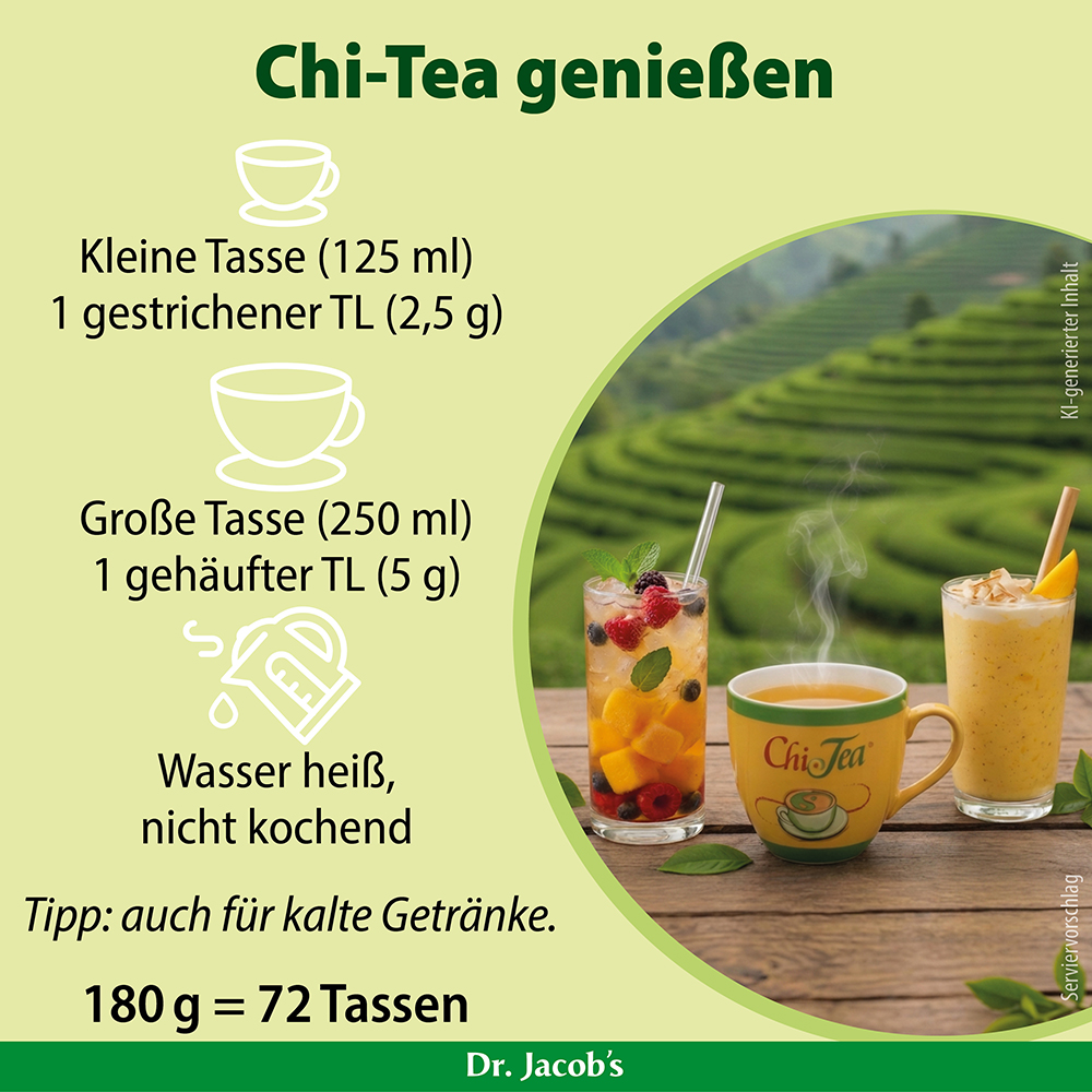 Infografik für Dr. Jacob’s Chi-Tee mit Zubereitungshinweisen: 1 gestrichener Teelöffel für 125 ml oder 1 gehäufter Teelöffel für 250 ml, mit heißem, aber nicht kochendem Wasser. Das Bild zeigt auch zubereitete Teegetränke und weist darauf hin, dass 1
